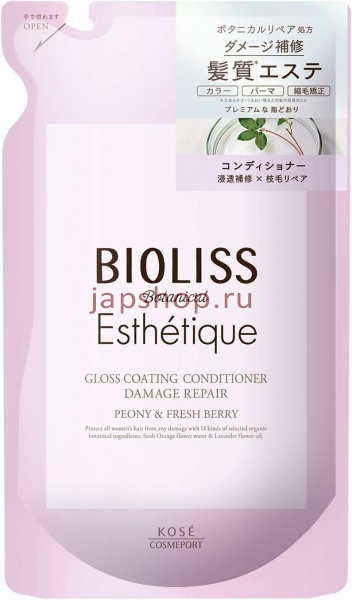 Кондиционеры, 397321 KOSE Bioliss Botanical Esthetique Refining Damage Repair Кондиционер для волос восстанавливающий, с ароматом пиона и свежих ягод, мягкая упаковка, 400мл. 1/18