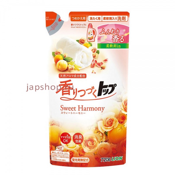 Средства для стирки, 307884 Lion Top Sweet Harmony Жидкое средство для стирки белья со сладким цветочным ароматом, мягкая упаковка, 720 гр