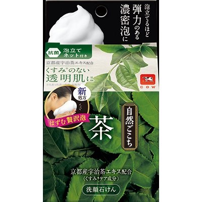 002288 COW Shizen Gokochi Очищающее мыло для лица с экстрактом зелёного чая, гиалуроновой кислотой и коллагеном  (с мочалкой) 80 г 002288 - фото 1575