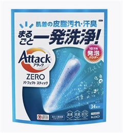 451484 KAO Attack Zero Perfect Stick Стиральный порошок в стиках, с антибактериальным эффектом и ароматом свежей зелени, 34 стика (общий вес упаковки 442г). 451484
