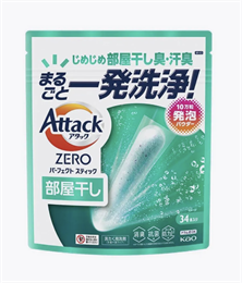 451514 KAO Attack Zero Perfect Stick Стиральный порошок в стиках для сушки белья в помещении, с освежающим морским ароматом, 34 стика (общий вес упаковки 442г). 451514